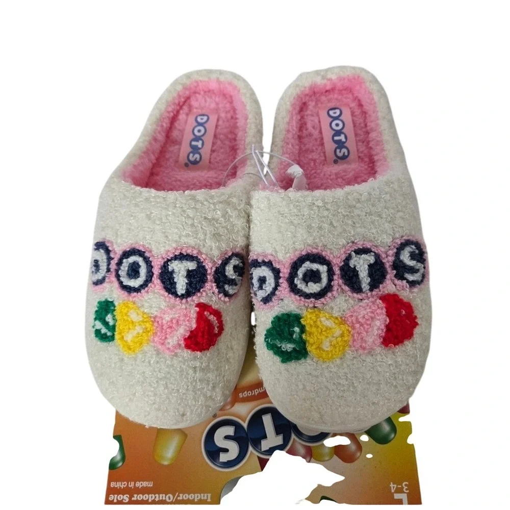 Dots Candy Plush Slippers Youth Large 3-4 Cozy Indoor Outdoor‎ Hard Sole
